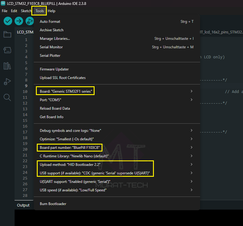 Arduino IDE Tools menu settings for STM32 Blue Pill using the HID Bootloader 2.2 for USB connection