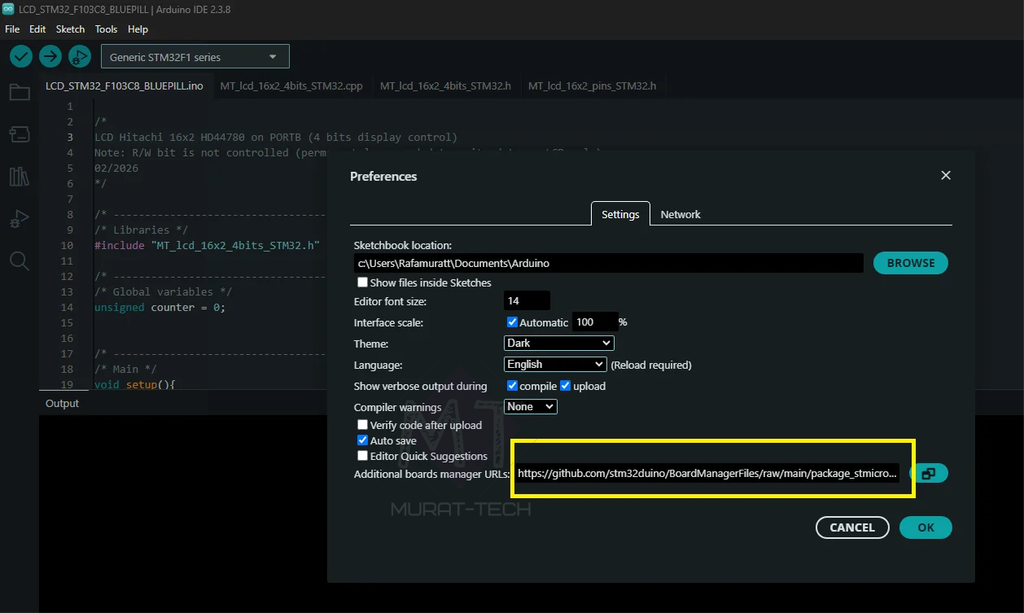 Arduino IDE Preferences window showing where to add the STM32 Board Manager URL