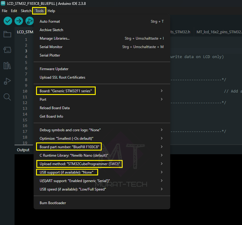 Arduino IDE 2.3+ tools menu configuration for STM32 Blue Pill using ST-Link SWD mode.