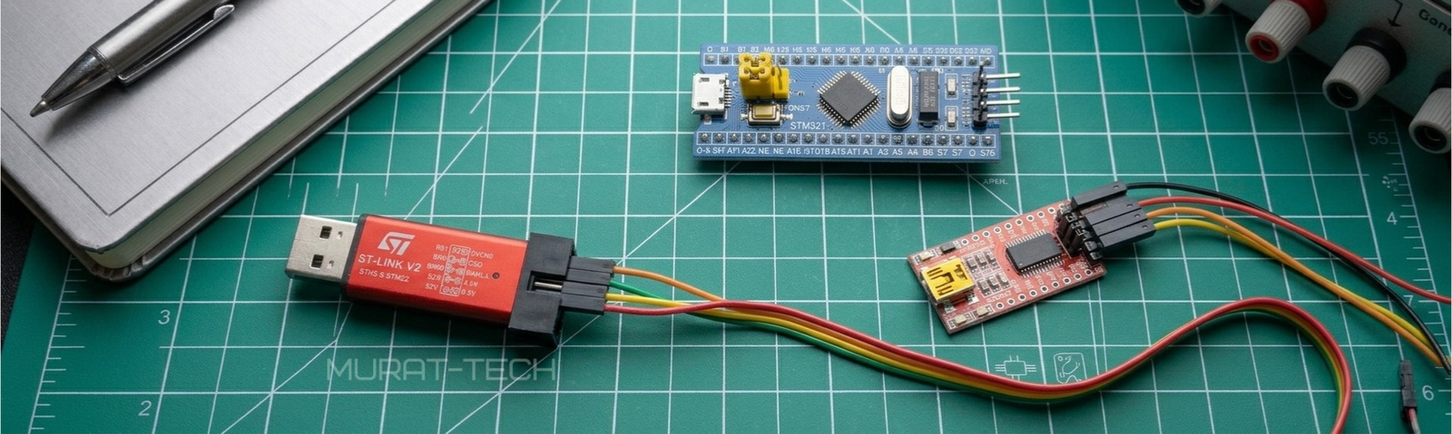Complete overview of the STM32 Blue Pill, ST-Link V2 programmer and an FTDI USB adapter.