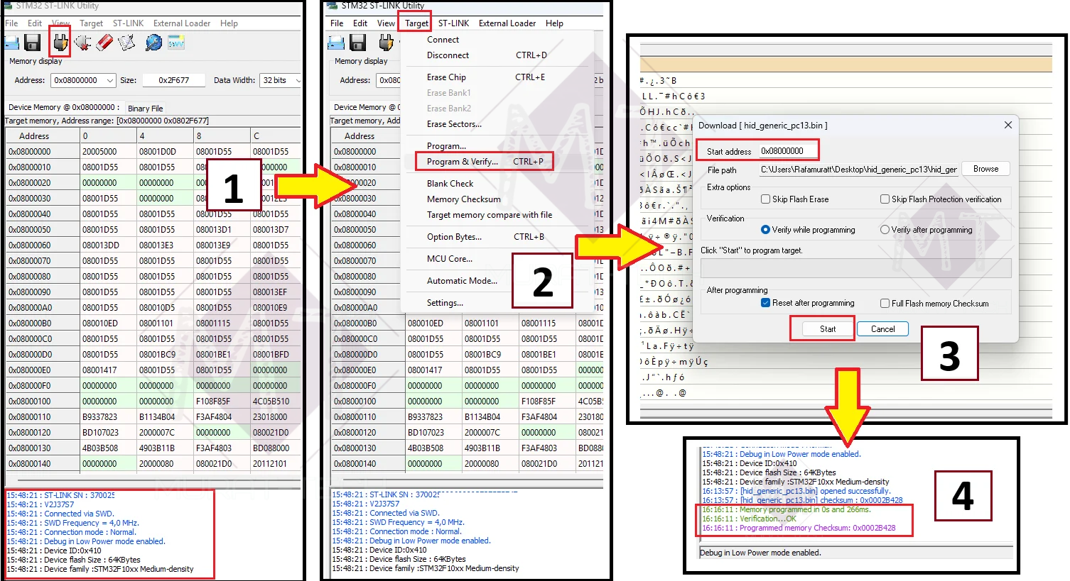 Screenshot showing how to flash hid_generic_pc13.bin at address 0x08000000 in ST-Link Utility