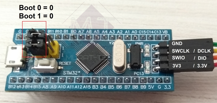 STM32 Blue Pill BOOT0 and BOOT1 jumper pin and SWD (Serial Wire Debug) configuration diagram