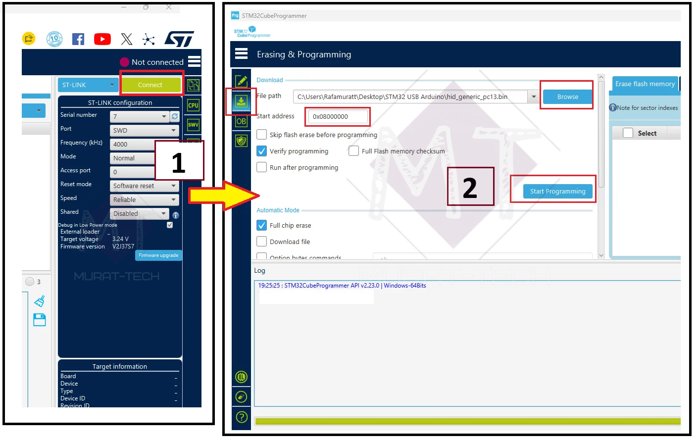 Screenshot showing how to flash hid_generic_pc13.bin at address 0x08000000 in STM32CubeProgrammer